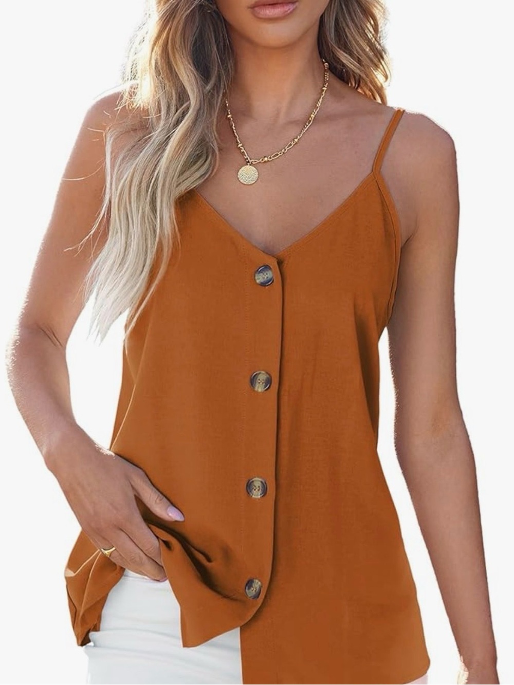 Rust Orange Flowy Button-Front Cami Top